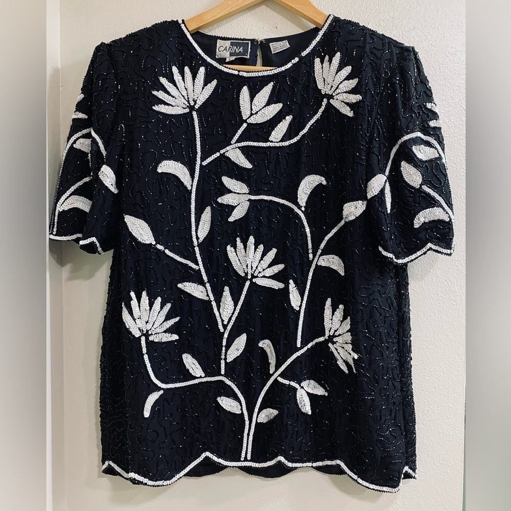 Vintage Carina Black and White Floral beaded and sequins Blouse Large